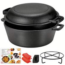 Senmeo 26cm (10.2") 2-In-1 Cast Iron Dutch Oven - Dual-Handle Deep Pot With Skillet Lid & Accessories - Black - View 11
