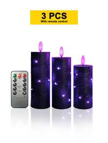 3組紫色燈串系列無焰蠟燭，附定時閃爍功能（不含電池），電池供電柱狀蠟燭，附燈串，暗黑哥德風逼真蠟燭燈，適合萬聖節、派對、夏季派對、居家桌面裝飾 - 黑紫光 - 查看 8