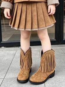 1 Pair Kids Western Style Fringe Ankle Boots, Rivet Decor Side Zipper Cowboy Boots, Children's Outfit Boots For Travel And Holiday Party Looks - Brown - View 1