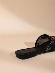 Gentle Pearl & Rhinestone Square Toe Slide Sandals For Women, Flat Beach Vacation Outdoor Slippers, Summer - Black - View 6