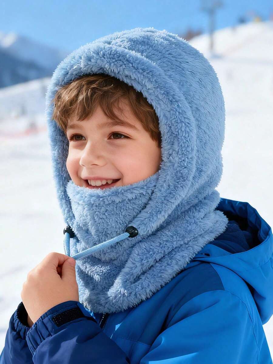 1pc Kids Plush Balaclava Hat, Adjustable Drawstring, Multiple Soft Colors Available, Winter Outdoor Warmth, Suitable For Skiing, School And Snow Play - Multicolor - View 1