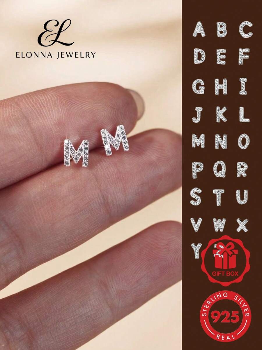 SYMFNY 925純銀極簡風鋯石26字母耳環,1對 - 銀色 - 查看 1
