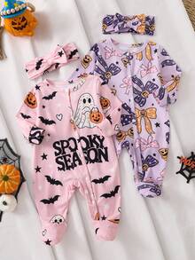 Autumn And Winter Newborn Bow Pumpkin, Skull, Spider Web Printed Long Sleeved Jumpsuit Pajamas Set, Soft And Comfortable Fabric, Halloween Home Style - Multicolor - View 2