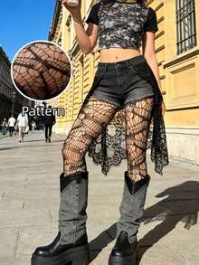 Women's Asymmetric Cracked Fishnet Tights, Snag-Resistant High Elasticity Mesh Pantyhose, Soft Elastic Hollow Punk Style Stockings - Black - View 2