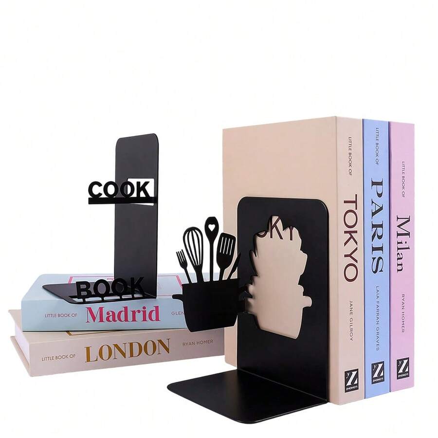 Creative Kitchen Themed Metal Book Holder Paired With Black Wrought Iron Book Stand, Kitchen Utensil Silhouette Design, Book Support Rack, Desktop Bookshelf, Organization, Storage, Decoration Ornaments Suitable For Home Study, Office Reading Space.