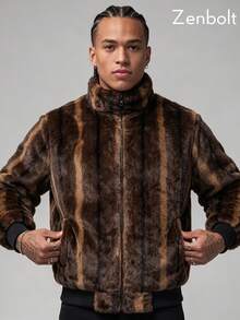 Zenbolt Men Soft Plush Long Sleeve Outer Jacket, Elastic Ribbed Trim Zip Up Stand Collar Coat,Textured Stripe Daily Fashion Overcoat - Brown - View 3