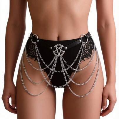 Plus Size Women's PU Leather Chain Belt, Fashion Chain Belt Accessory, Suitable For Women's Halloween Costume