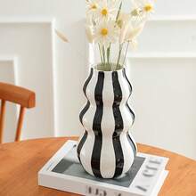 1pc Rustic Ceramic Vase - 1pc Asymmetrical Gourd-Shaped Striped Abstract Vase, Suitable For Fresh Flowers | Countertop And Living Room Shelf Decor - Ideal Valentine's Day And Mother's Day Gift - Multi-color - View 7