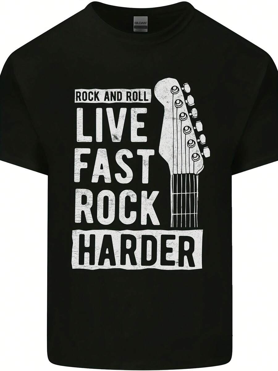 Live Fast Rock Harder Guitar & Roll Music Mens Cotton T-Shirt Tee Top - 款式 - 查看 1