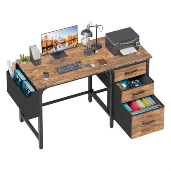 Computer Desk With File Drawers Cabinet, 47 Inch Reversible Home Office Desks With Fabric Filing Cabinet For Small Space, Study Writing Table PC Desks, Rustic Brown