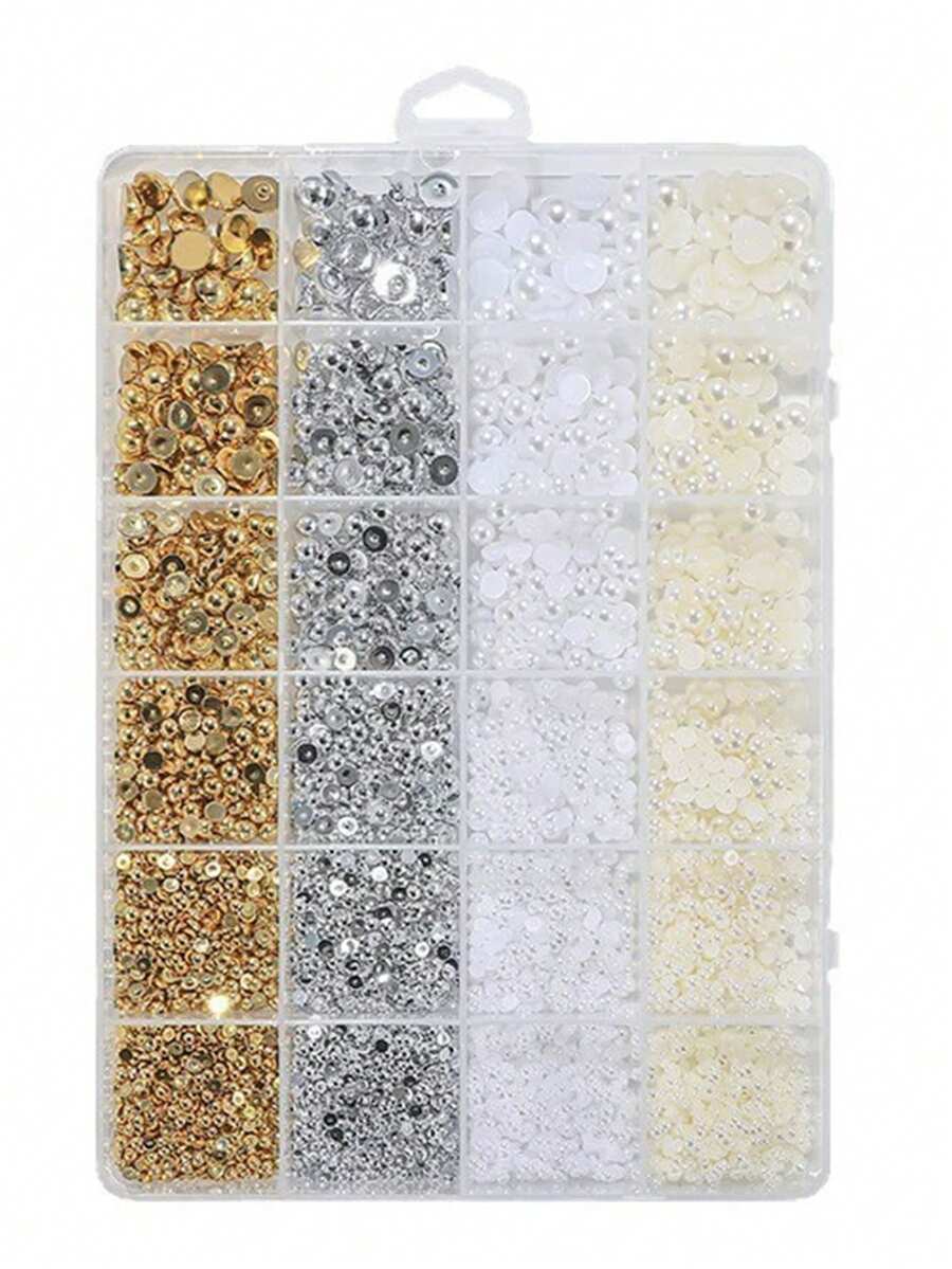 4500 Pcs/Box Half Round Flat Back Faux Pearl Nail Art Decorations Assorted Sizes White Gold Silver Beige Mixed Nail DIY Decorative Accessories Large Box