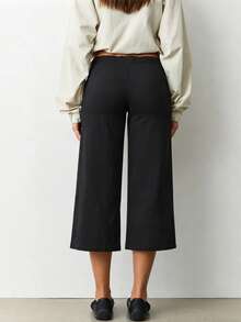 Women Drawstring Waist Culotte Pants Casual Loose Wide Leg Cropped Trousers - Black - View 4