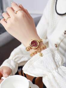 LIANDU Elegant Round Quartz Women's Wristwatch, Gold-Tone Burgundy Dial With Beaded Metal Strap, Luxurious Exquisite Women's Jewelry Watch, Suitable For Wearing On Various Occasions Such As Holidays, Thanksgiving, Christmas, Back To School, Parties, Weddings, Halloween, Easter, And More, Perfect Gift For Women - Gold - View 4