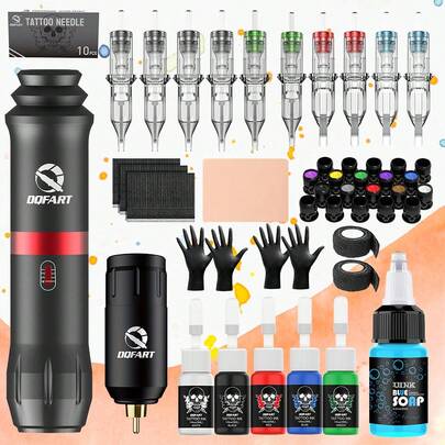 DQFART Kit de máquina de tatuaje inalámbrica con fuente de alimentación de 1200mAh, que incluye un juego completo de bolígrafo de tatuaje con tinta de tatuaje, agujas y accesorios. Adecuado para principiantes y artistas.
