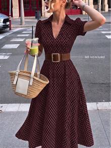 Printed Lapel Women's Dress, Summer Vintage Elegant Commute Puff Sleeve A-Line Midi Dress - Burgundy - View 4
