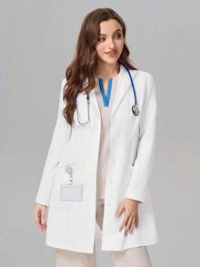 White Fashionable Lapel Large Pocket Lab Coat, Autumn - White - View 4