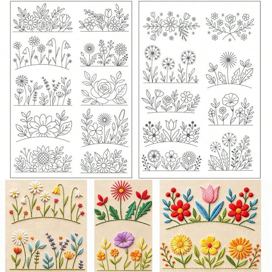 Water-Soluble Embroidery Stabilizer Patch Paper, Multiple Curved Spring Floral Borders, Mixed Roses, Sunflowers, Daisies And Green Leaves Washable Transfer Patterns, Suitable For Adult Embroidery Enthusiasts