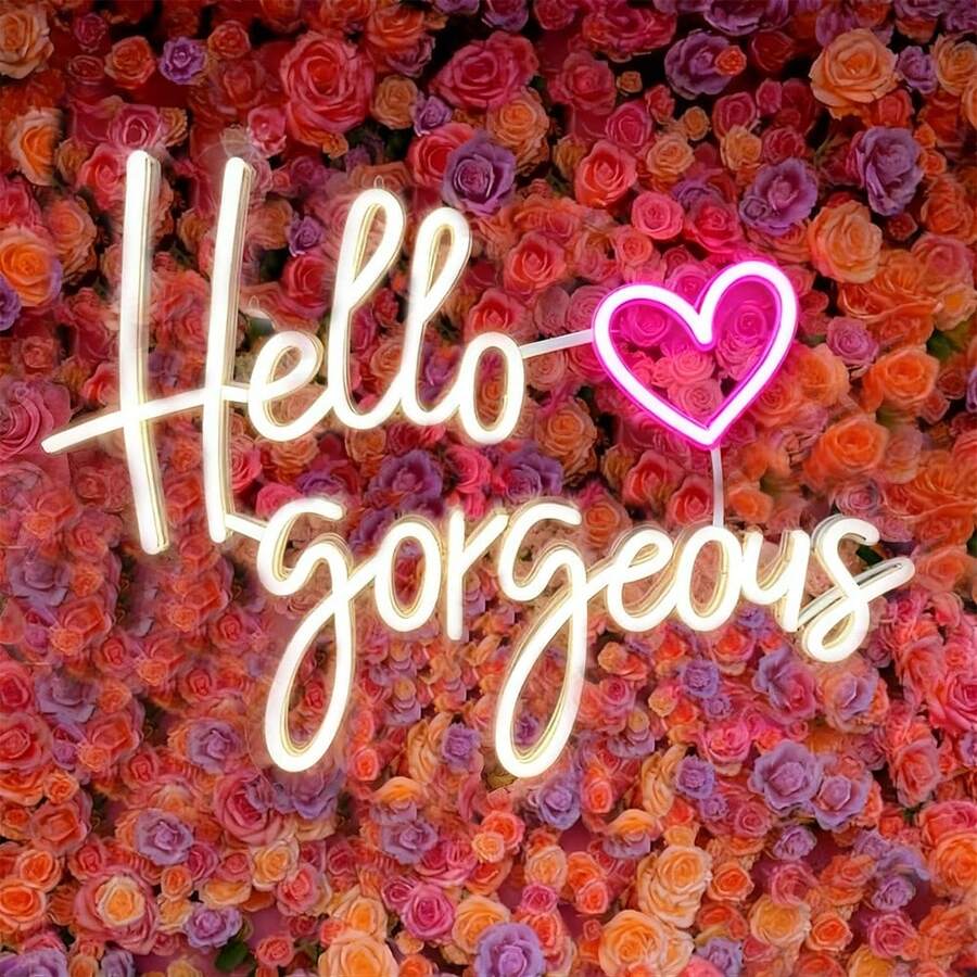 1pc Hello Gorgeous Neon Sign, Hello Beautiful Pink LED Neon Lights For Home Wedding Birthday Backdrop Party With Dimmable Switch, Reusable Neon Light Sign For Bachelorette Party, Engagement Party, Birthday Party, Wedding - White - View 1