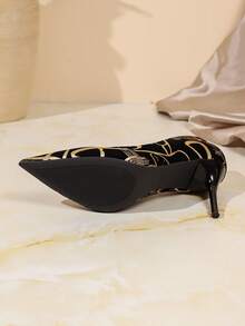 Commuter Style Black & Gold Abstract Graffiti Pointed Toe Luxury Gilded Artistic Line Elegant Versatile Thin Super High Heel Pumps For Women - Black and Gold - View 7