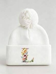 1pc Baby Beanies Boy Girls White Pom-Pom Cap With A-Z Letter Colorful Floral Hat For Boys And Girls Ages 0-8Y, For Hat Accessories Winter Warm Hat - Multicolor - View 37
