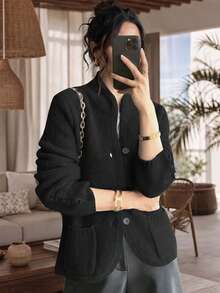 Cárdigan elegante de corte holgado para ir al trabajo, nuevo para otoño/invierno, chaqueta suéter de punto de lana de oveja vintage con abertura frontal para mujer, negro, otoño - Negro - Ver 4