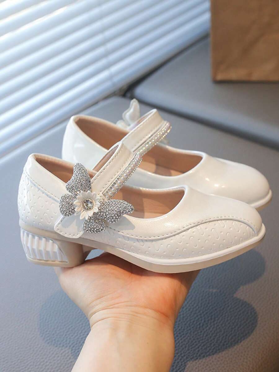Girls' Rhinestone Bow High-Heeled Princess Leather Shoes - Beige - View 1