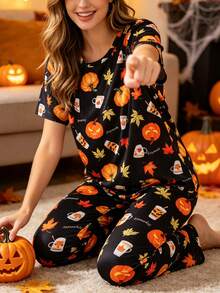 2-Piece Women's Halloween Pajama Set, Pumpkin & Maple Leaf Print, Short Sleeve Crew Neck Top And Long Pants Set, Comfortable Loose Fit For Home Wear, All Season - Black - View 6
