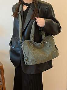 1件復古大容量手提包，復古PU材質單肩斜挎包，女款休閒托特包與錢包，女款新款托特包，非常適合辦公室、學校、學生、返校、工作場合、商務活動、通勤、戶外活動、旅行與出遊，折疊出貨 - 軍綠色 - 查看 7
