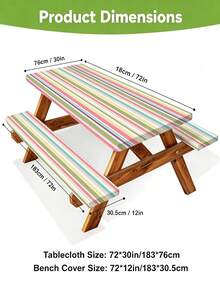 Juego de 3 piezas de mantel para picnic con funda para banco, diseño de borde elástico, patrón a rayas, mantel rectangular lavable, adecuado para bodas, camping, picnics, fiestas en el jardín y talla grande, esencial práctico - D - Ver 3