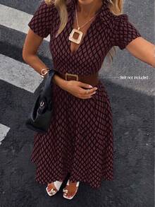 Printed Lapel Women's Dress, Summer Vintage Elegant Commute Puff Sleeve A-Line Midi Dress - Burgundy - View 6