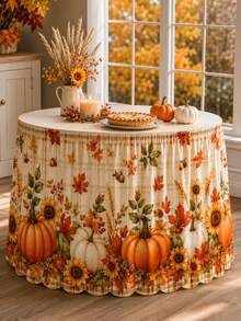 1pc Plaid Pumpkin Floral Table Skirt, Country Style Polyester Rectangular Table Skirt With Lace Wavy Hem, Sunflower And Maple Leaf Print, Suitable For Thanksgiving, Kitchen Dining Room, Autumn Decor, Wedding Decor, Kitchen Decor, Home Decor - Multicolor - View 3