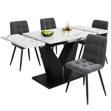 Dining Table Set (5 Pieces), Dining Table Set With 4 Chairs, Modern Kitchen Table Set With Extendable Tabletop, Black V-Shaped Legs, White Marble Tabletop, Gray Velvet Dining Chairs - Multicolor - View 2