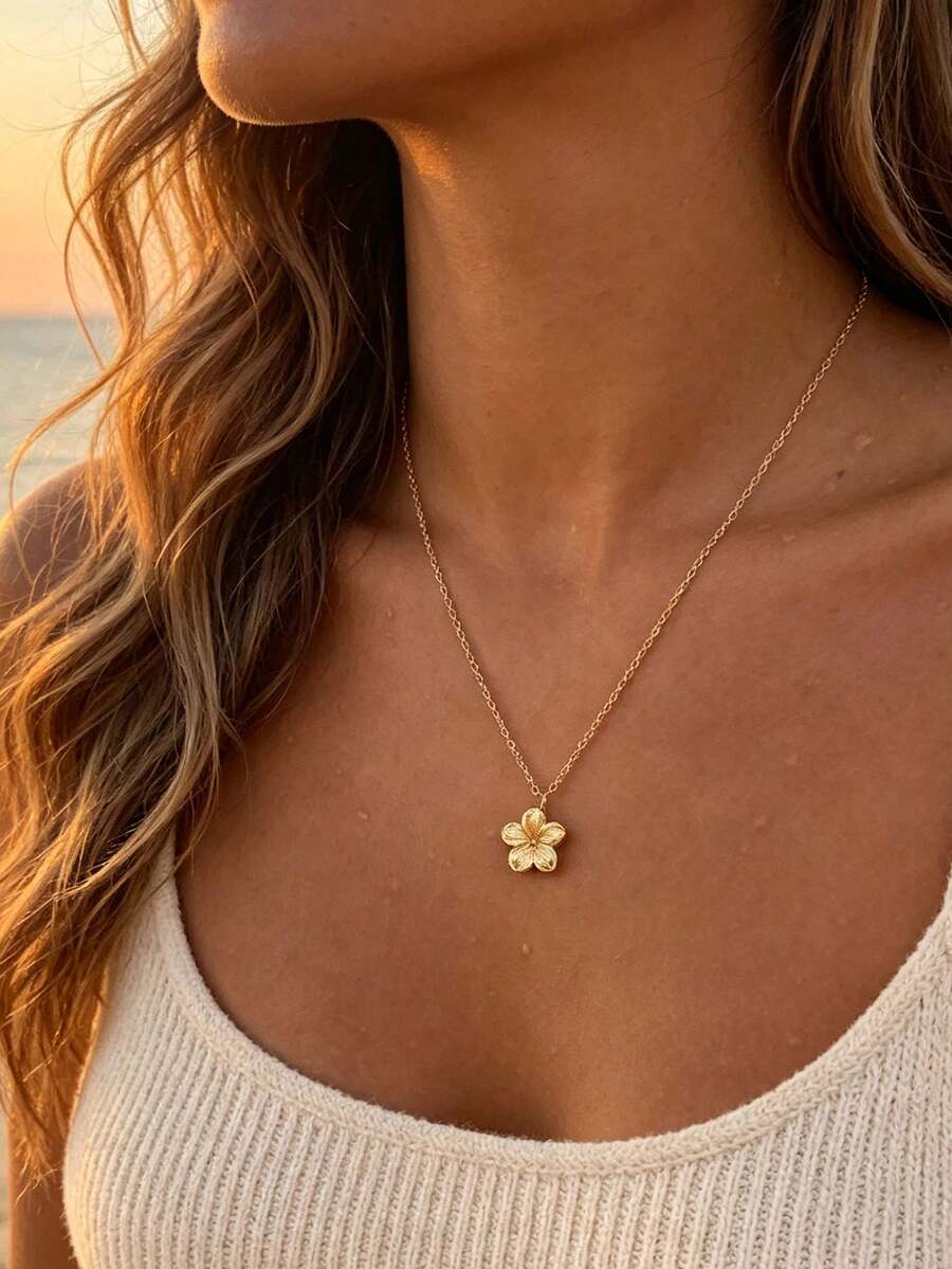 Vintage 5-Petal Flower Gold Collarbone Necklace For Women, 3D Small Flower Pendant Thin Necklace, Minimalist Versatile Beach Vacation Style Accessory, Gentle Luxury Niche Design, Enhances Collarbone Line, Suitable For Daily Commute And Date, Perfect Exquisite Gift For Girlfriend And Best Friend - Petal Necklace - View 1
