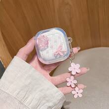 Pretty 3D Camellia Bow Anti-Drop Soft Shell Earphone Case + Pink Flower Keychain Pendant Compatible With Samsung Galaxy Buds 4/4pro/3pro/Core/2pro/FE/Core/3FE/LIVE Wireless Bluetooth Earphone Protective Case - Pink Camellia - View 3