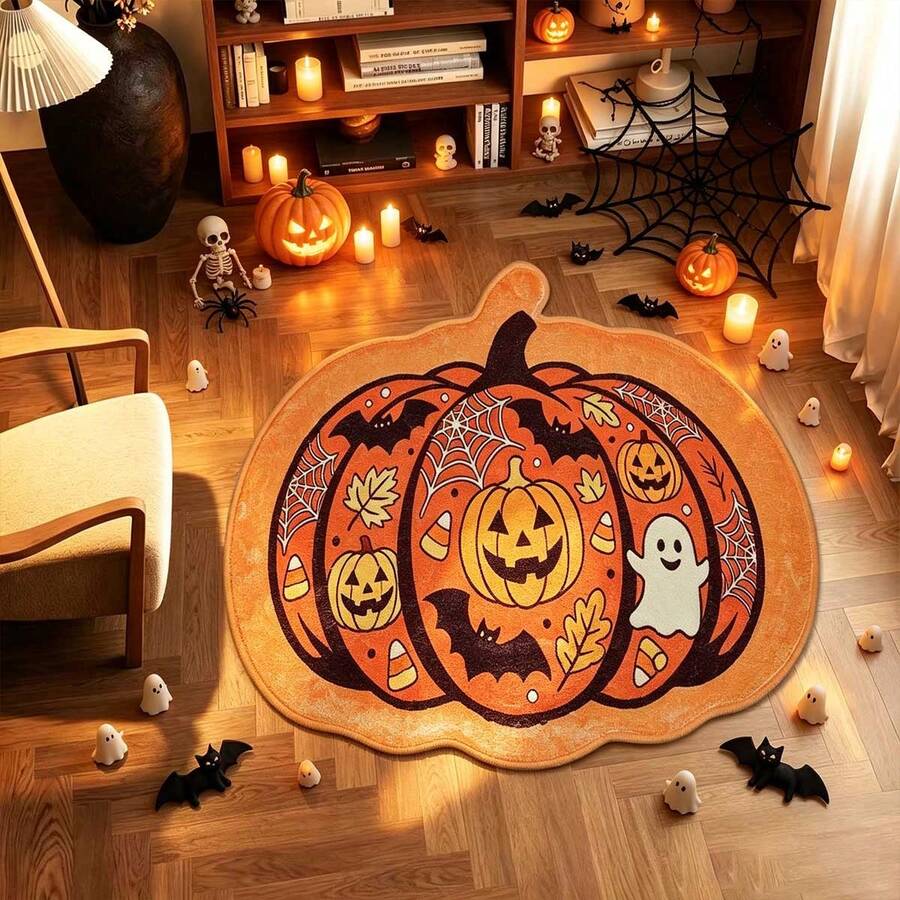 1pc Halloween Pumpkin Ghost Pattern Decorative Rug, Modern Style Faux Cashmere Irregular Shaped Bathroom Mat, Personalized Decorative Welcome Mat, Outdoor Door Mat, Kitchen Rug, Home Decor, Front Door Mat, Small Rug, Outdoor Mat, Home Decor, Rug, Garden Rug, Washable Rug, Suitable For Kitchen, Bathroom, Dining Room, Entryway, Party, Gathering, All Seasons - Multicolor - View 1