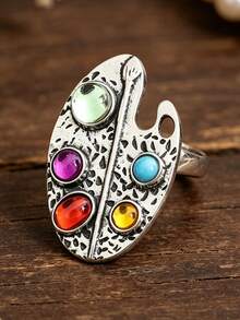Vintage Distressed Painter's Palette Ring, Colorful Synthetic Gemstone Artistic Style Open Ring - Silver - View 7