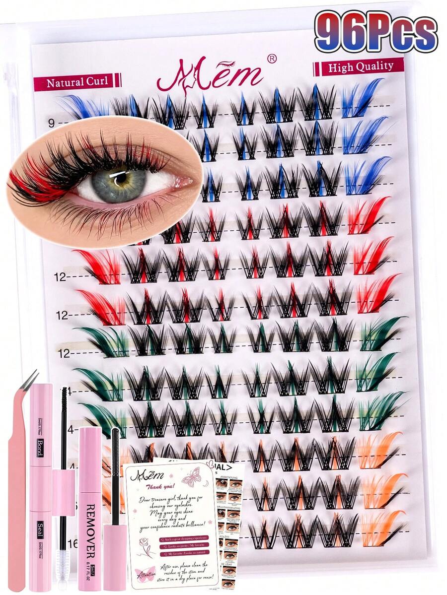 MEM 96 Pieces Of 4-Color Mixed Color Single Cluster False Eyelashes, D-Roll Colorful DIY Eyelash Clusters, With Glue, Glue Remover And Tweezers, Rainbow Color 1 Piece False Eyelashes, 1 Piece False Eyelashes, False Eyelashes, Halloween - Black - View 1