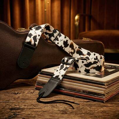 And Unique Cow-Print Woven Guitar Strap, Milky White Base With Black Print, Guitar Replacement Strap, Universal Musical Instrument Accessory, Suitable For All Guitars, Adjustable