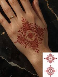 1張防水臨時假紋身貼，紅色海娜 Mehndi 方形曼陀羅花卉圖案紋身貼紙，異域風情女性手腕身體裝飾 - 紅色 - 查看 1