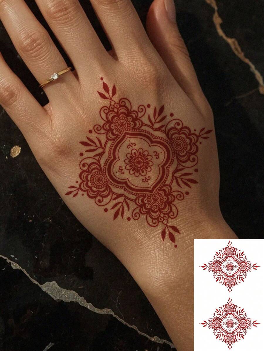 1張防水臨時假紋身貼,紅色海娜 Mehndi 方形曼陀羅花卉圖案紋身貼紙,異域風情女性手腕身體裝飾 - 紅色 - 查看 1
