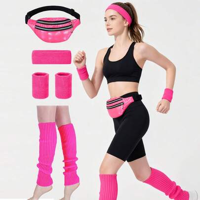 4pcs D EXCEED 80s Accessories Set Women Leg Warmers Headband Wristbands Waist Bag Disco Halloween Costume Music Festival Carnival Stage Performance