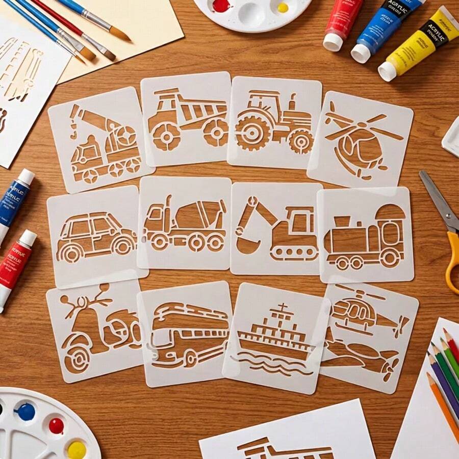 12pcs Construction Vehicle Stencils, Washable And Reusable, 3.94 Inch ...