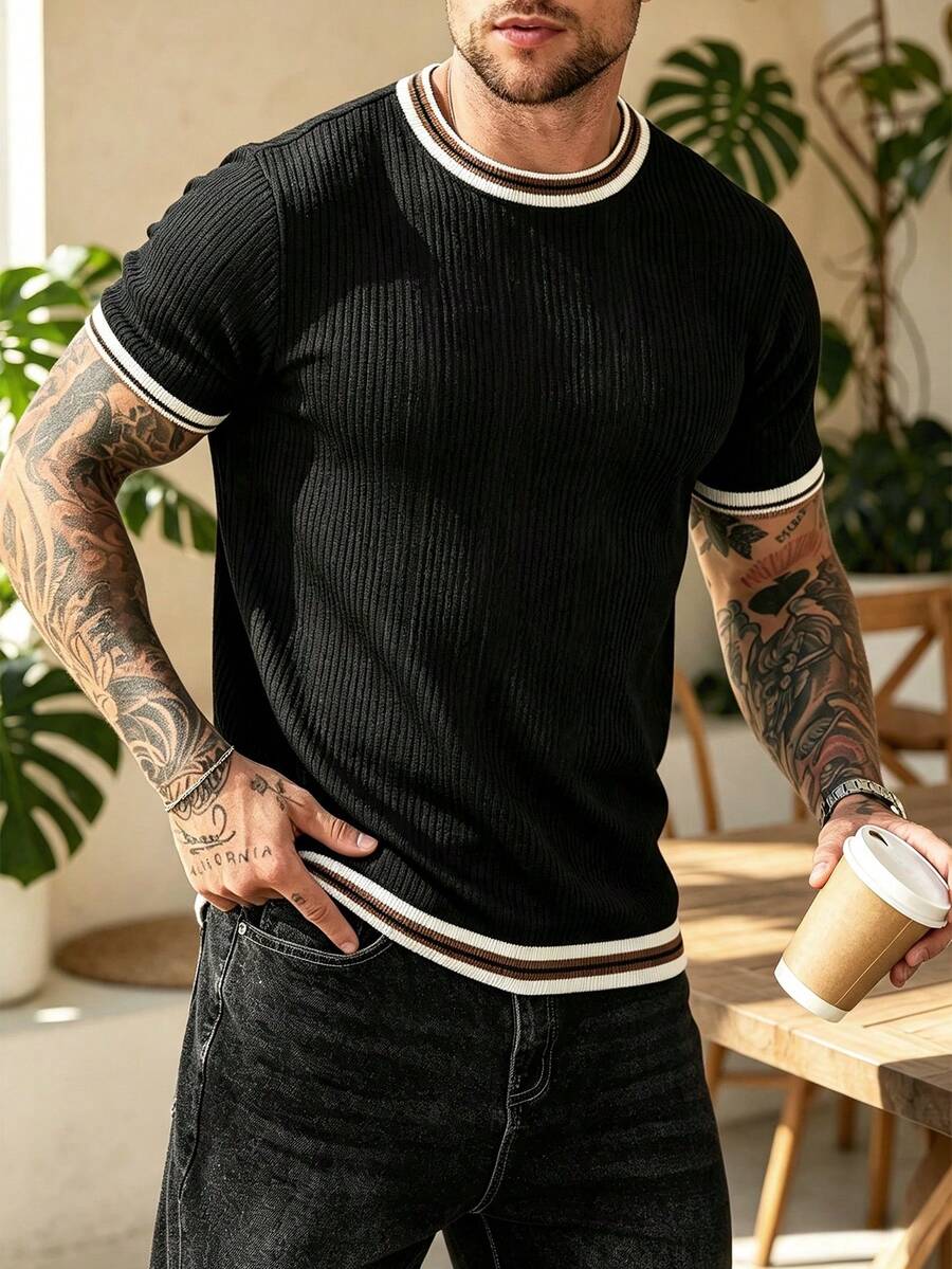 ALTZTAR Men's Knitted Contrast Color Crew Neck Short Sleeve T-Shirt - Black - View 1