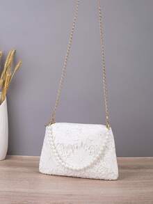 Sac de soirée en dentelle florale pour femmes, sac à bandoulière élégant avec chaîne de perles, sac à main mini bandoulière à double chaîne pour mariage et fête - Blanc - Voir 5