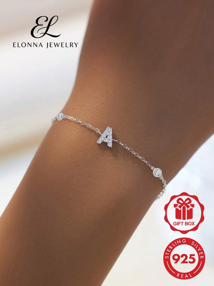 SYMFNY 1pc 925 Sterling Silver Minimalist Cubic Zirconia 26 Letters A-Z Bracelet