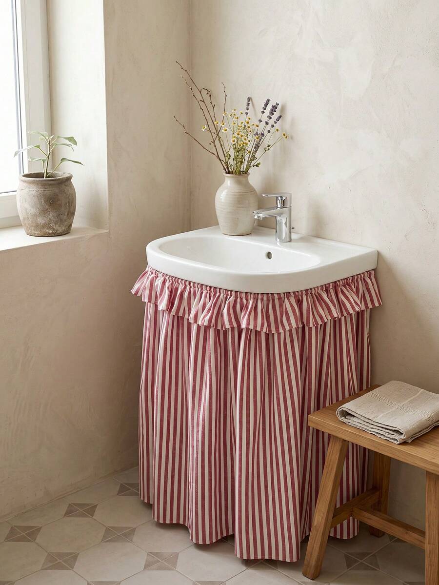 1pc Red And White Thin Striped Sink Skirt, Rustic Country Style Fabric Material, Rectangular Top With Ruffle Edge And Gathered Hem Detail, Covers Sink Underside Space And Decorative Beautification Function, Kitchen Sink Cover Curtain Suitable For Farmhouse Kitchen And Home Decor Scenes - Red - View 1