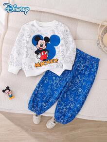 Disney 2pcs/Set Autumn Mickey Line Doodle Print Long Sleeve Ribbed Sweatshirt And Elastic Waist Simple Line Pattern Sweatpants Outfit, Cartoon Graphic, Slightly Stretchy, Suitable For Baby Toddler Newborn Daily Wear, Spring Gift - Blue - View 1
