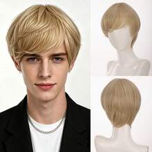 Men's Short Blonde Synthetic Wig, Natural Side Bangs, Realistic Men's Wig, Heat-Resistant Fiber, Daily, Cosplay, Halloween Party Costume Wig - Gold - View 9
