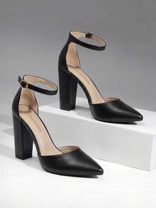 Women's Chunky Block Ankle Strap High Heels, Coco Pointed Closed Toe Pumps For Banquet & Office - 黑色 - 查看 2