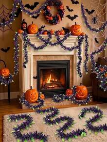 6pcs Halloween Ribbon Sequin Garland Glitter Strip, Purple Ghost DIY Halloween Wreath Door Hanging Decoration, Indoor Outdoor Yard Halloween Decor, Halloween Metallic Sequin Tassel, Halloween Decoration - M - View 7